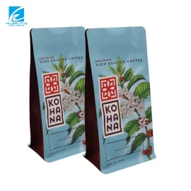 Custom Coffee Pouches Quad Seal Pouch with Valve Zipper Flat Bottom Bags